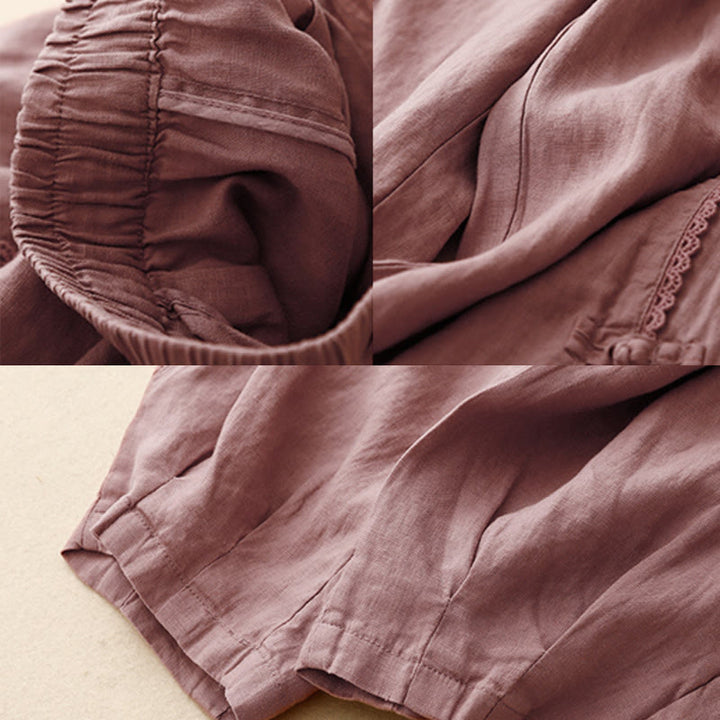 Pantalones de lino y algodón con cintura alta y bolsillos para mujer, con botones de rana y encaje de Buddha Stones Summer