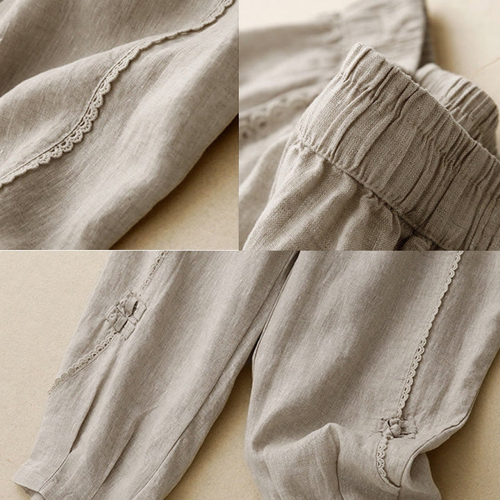 Pantalones de lino y algodón con cintura alta y bolsillos para mujer, con botones de rana y encaje de Buddha Stones Summer