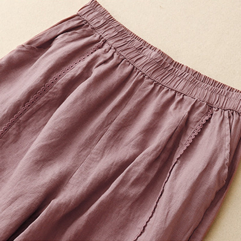 Pantalones de lino y algodón con cintura alta y bolsillos para mujer, con botones de rana y encaje de Buddha Stones Summer - image 10