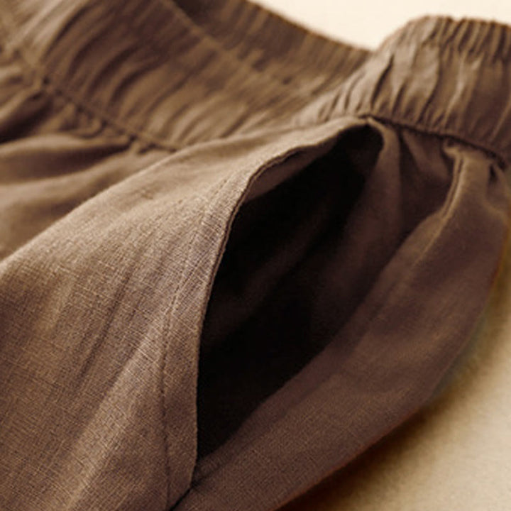 Pantalones de lino y algodón con cintura alta y bolsillos para mujer, con botones de rana y encaje de Buddha Stones Summer - image 15