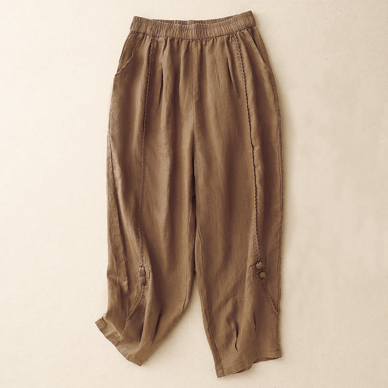 Pantalones de lino y algodón con cintura alta y bolsillos para mujer, con botones de rana y encaje de Buddha Stones Summer - Tierra de siena - US8-10，UK/AU12-14，EU40-42 (2XL) - image 13