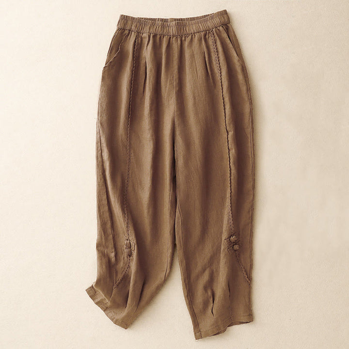 Pantalones de lino y algodón con cintura alta y bolsillos para mujer, con botones de rana y encaje de Buddha Stones Summer - Tierra de siena - US8-10，UK/AU12-14，EU40-42 (2XL) - image 13