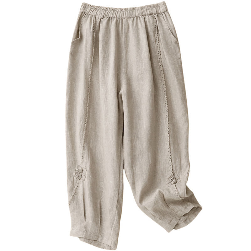 Pantalones de lino y algodón con cintura alta y bolsillos para mujer, con botones de rana y encaje de Buddha Stones Summer