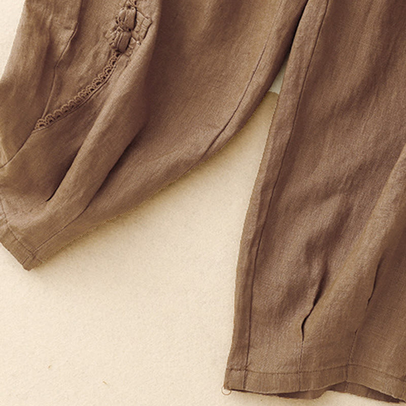 Pantalones de lino y algodón con cintura alta y bolsillos para mujer, con botones de rana y encaje de Buddha Stones Summer