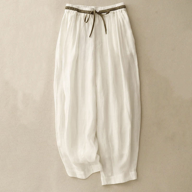 Pantalones harén de lino y algodón para mujer, estilo vintage de verano, informales, con cordón y bolsillos, con estampado de Buddha Stones - Blanco - US8-10，UK/AU12-14，EU40-42 (2XL) - image 0