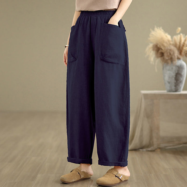 Pantalones Buddha Stones de lino y algodón para mujer, informales, de uso diario, con diseño sencillo y liso, con bolsillos
