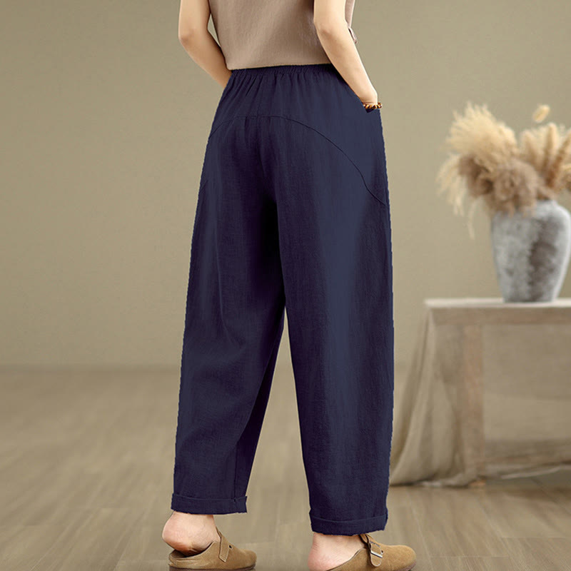 Pantalones Buddha Stones de lino y algodón para mujer, informales, de uso diario, con diseño sencillo y liso, con bolsillos