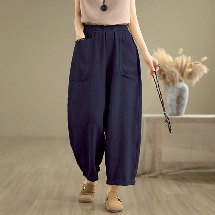 Pantalones Buddha Stones de lino y algodón para mujer, informales, de uso diario, con diseño sencillo y liso, con bolsillos