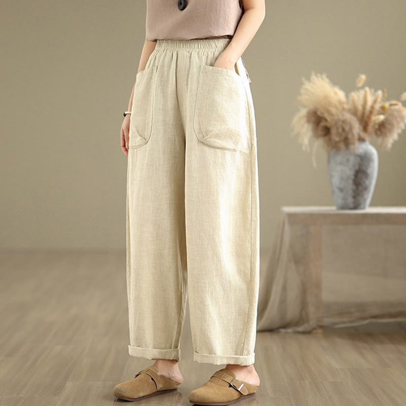 Pantalones Buddha Stones de lino y algodón para mujer, informales, de uso diario, con diseño sencillo y liso, con bolsillos