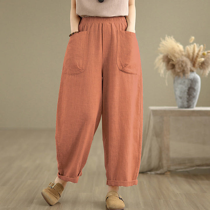 Pantalones Buddha Stones de lino y algodón para mujer, informales, de uso diario, con diseño sencillo y liso, con bolsillos