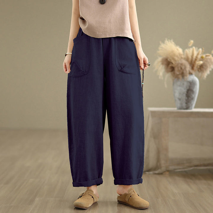 Pantalones Buddha Stones de lino y algodón para mujer, informales, de uso diario, con diseño sencillo y liso, con bolsillos