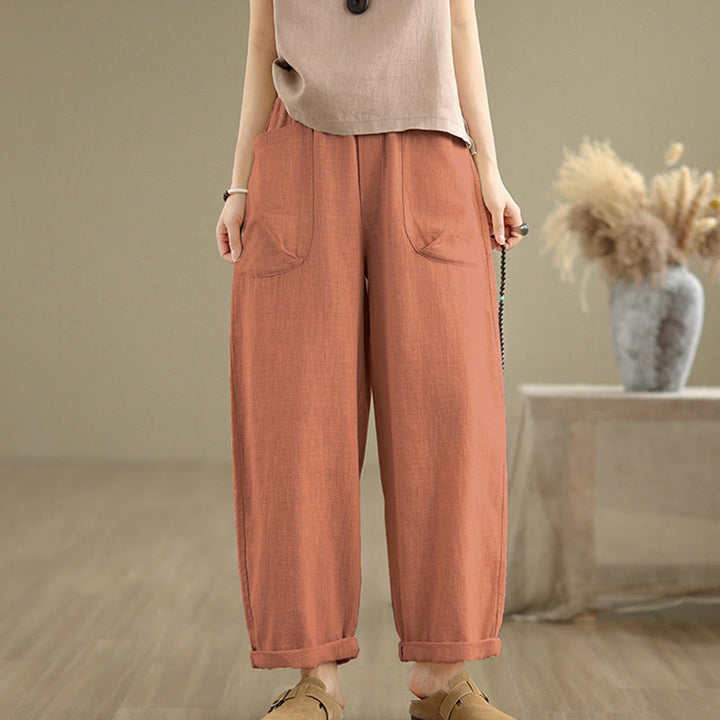 Pantalones Buddha Stones de lino y algodón para mujer, informales, de uso diario, con diseño sencillo y liso, con bolsillos