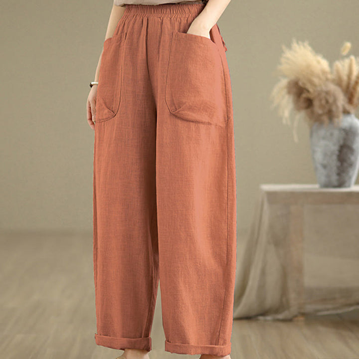 Pantalones Buddha Stones de lino y algodón para mujer, informales, de uso diario, con diseño sencillo y liso, con bolsillos