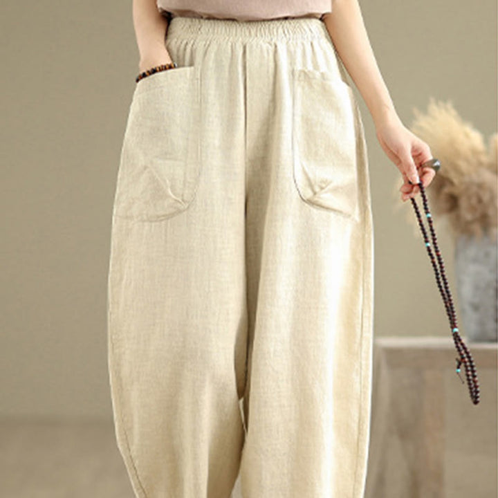 Pantalones Buddha Stones de lino y algodón para mujer, informales, de uso diario, con diseño sencillo y liso, con bolsillos