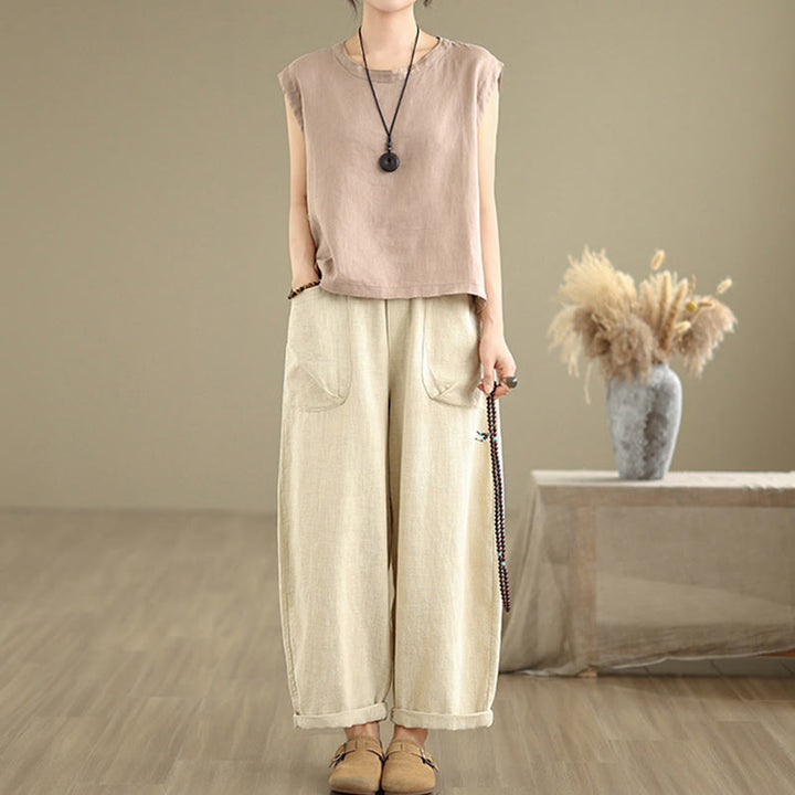 Pantalones Buddha Stones de lino y algodón para mujer, informales, de uso diario, con diseño sencillo y liso, con bolsillos - image 1