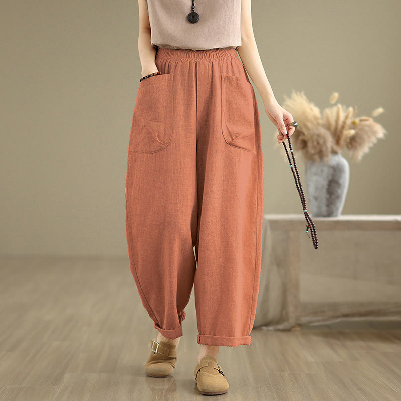 Pantalones Buddha Stones de lino y algodón para mujer, informales, de uso diario, con diseño sencillo y liso, con bolsillos - Naranja oscuro - US8-10，UK/AU12-14，EU40-42 (2XL) - image 15