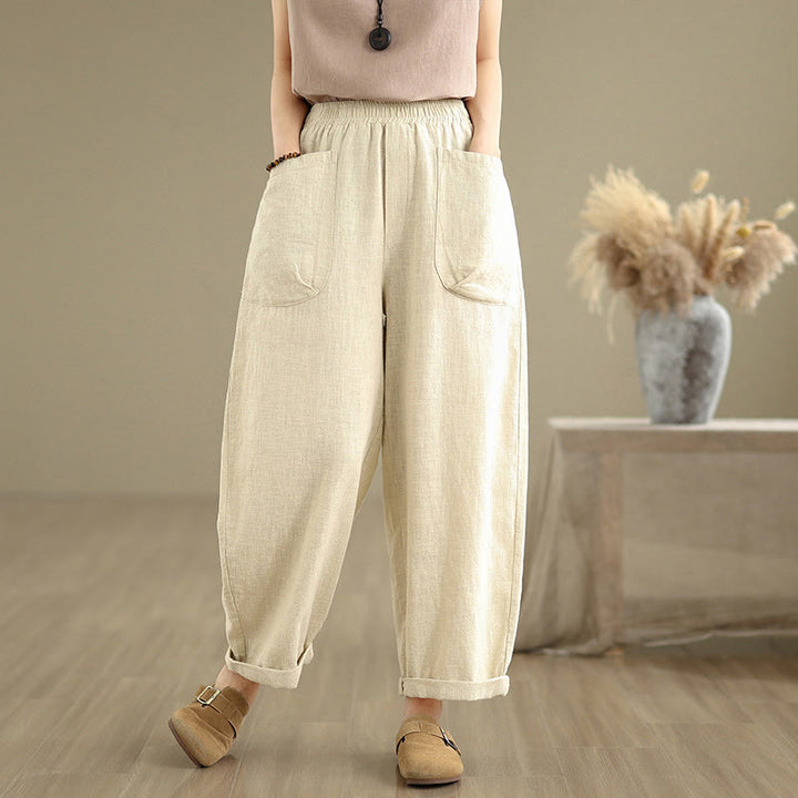 Pantalones Buddha Stones de lino y algodón para mujer, informales, de uso diario, con diseño sencillo y liso, con bolsillos