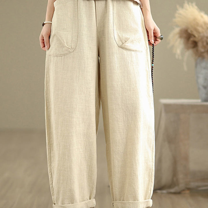 Pantalones Buddha Stones de lino y algodón para mujer, informales, de uso diario, con diseño sencillo y liso, con bolsillos
