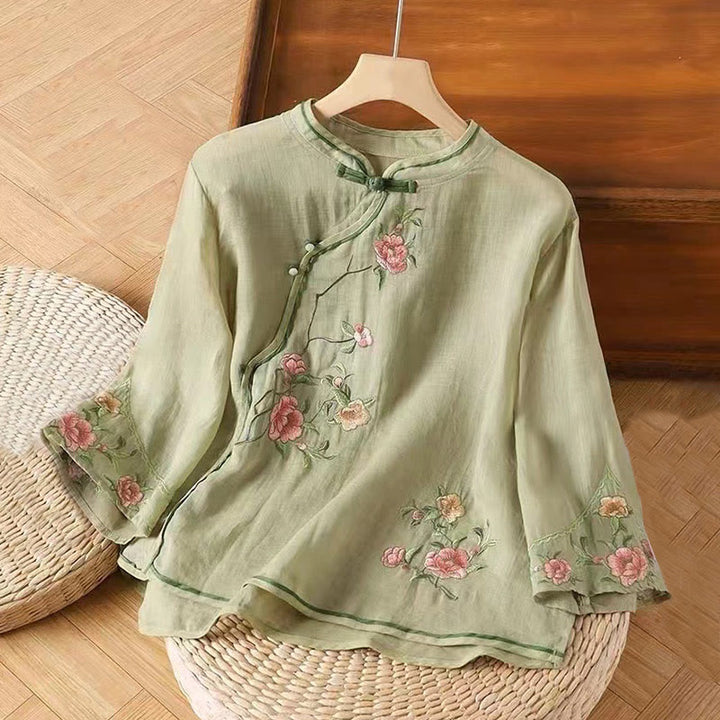 Camisa de lino y algodón para mujer, estilo casual, vintage, con bordado de flores y botones de rana china, cuello redondo - Verde claro - US12, UK/AU16, EU44 (3XL) - image 5