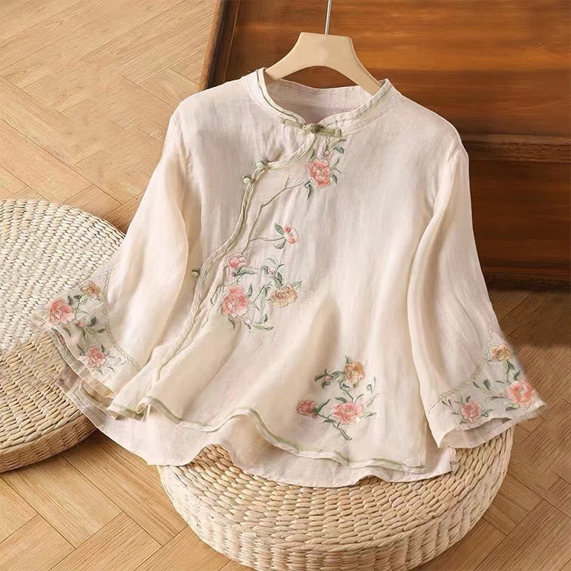 Camisa de lino y algodón para mujer, estilo casual, vintage, con bordado de flores y botones de rana china, cuello redondo - MistyRose - US12, UK/AU16, EU44 (3XL) - image 1