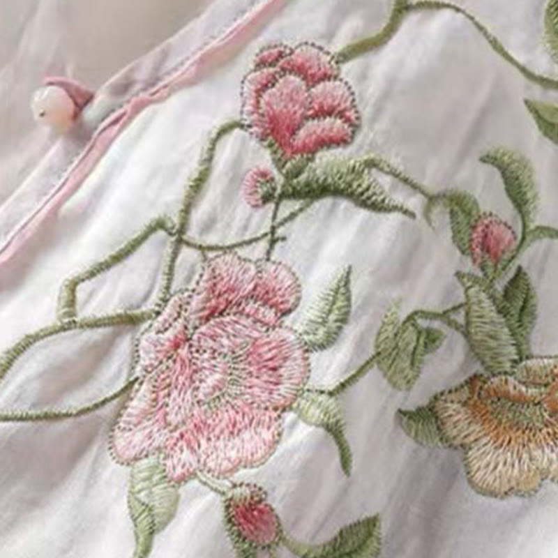 Camisa de lino y algodón para mujer, estilo casual, vintage, con bordado de flores y botones de rana china, cuello redondo - image 3