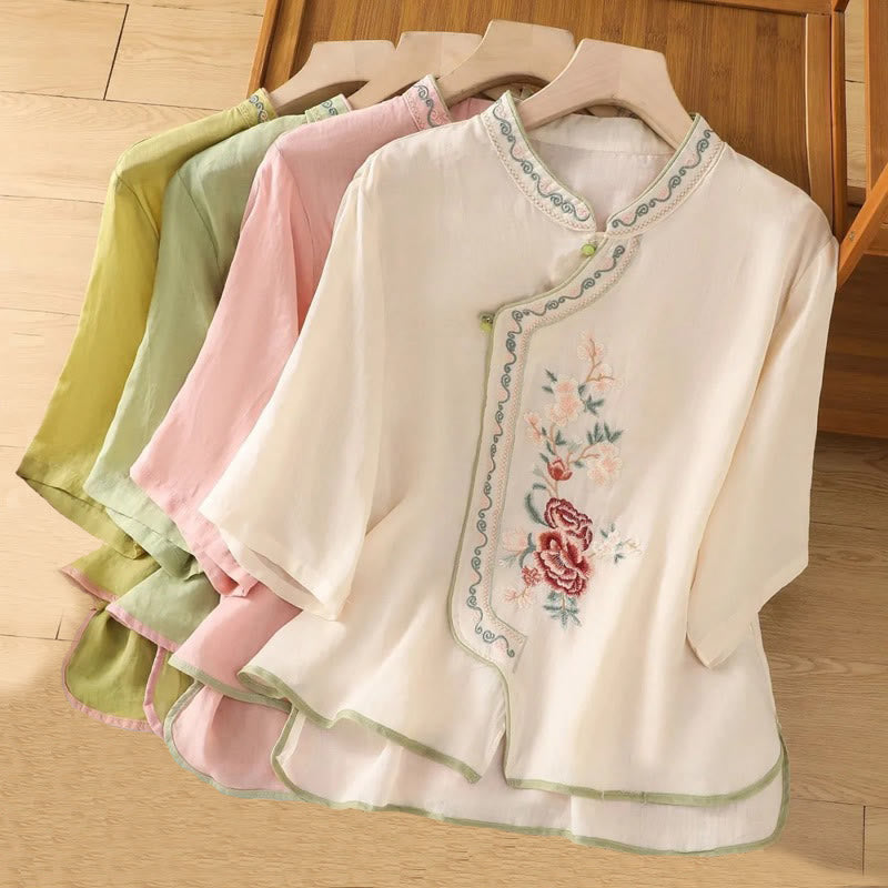 Camisa de Buddha Stones y algodón para mujer, estilo étnico informal, con bordado de flores y botones de rana, cuello alto - image 8