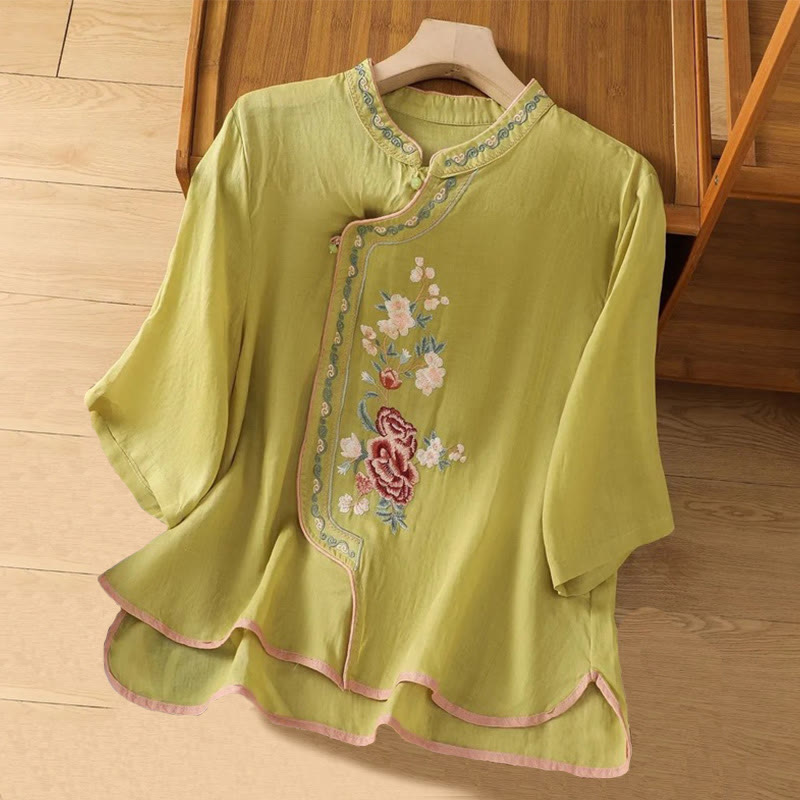 Camisa de Buddha Stones y algodón para mujer, estilo étnico informal, con bordado de flores y botones de rana, cuello alto - AmarilloVerde - US14, UK/AU18, EU46 (4XL) - image 6