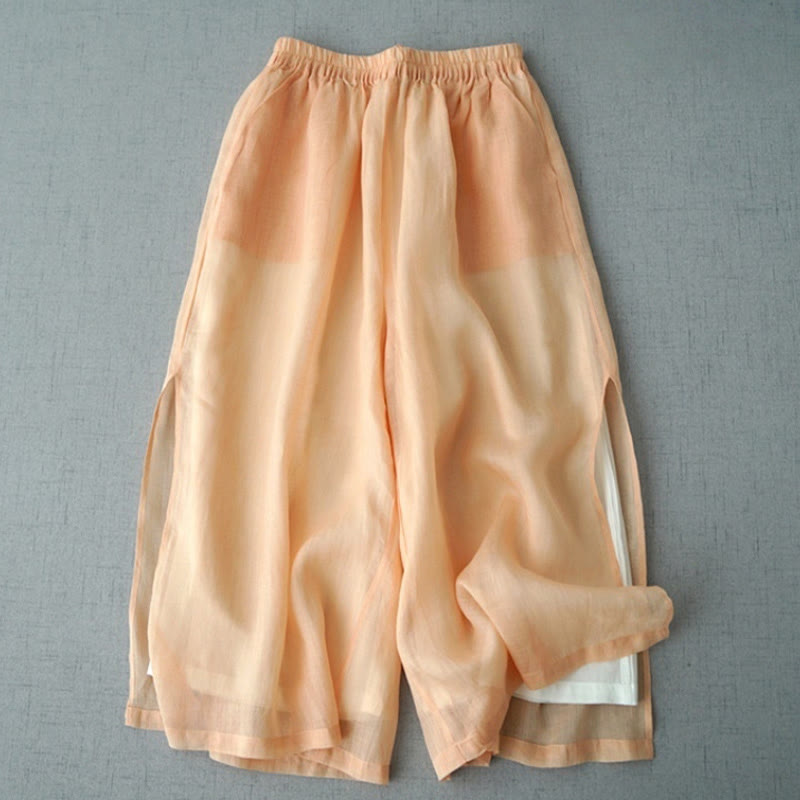 Pantalones casuales de pierna ancha con bolsillos y abertura de ramio, de Buddha Stones, para mujer, de largo 7-8
