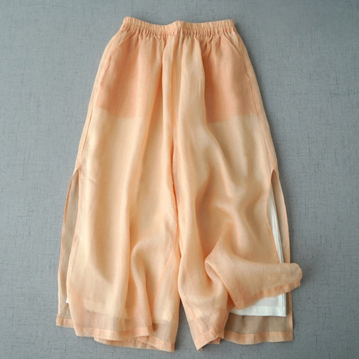 Pantalones casuales de pierna ancha con bolsillos y abertura de ramio, de Buddha Stones, para mujer, de largo 7-8