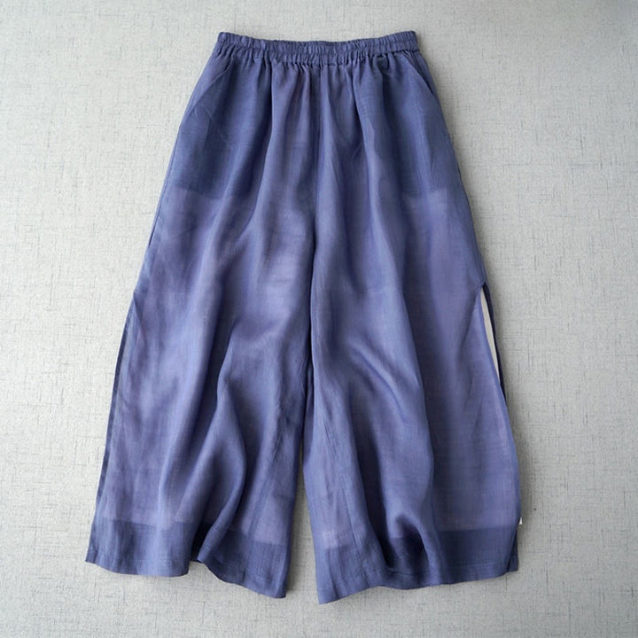 Pantalones casuales de pierna ancha con bolsillos y abertura de ramio, de Buddha Stones, para mujer, de largo 7-8