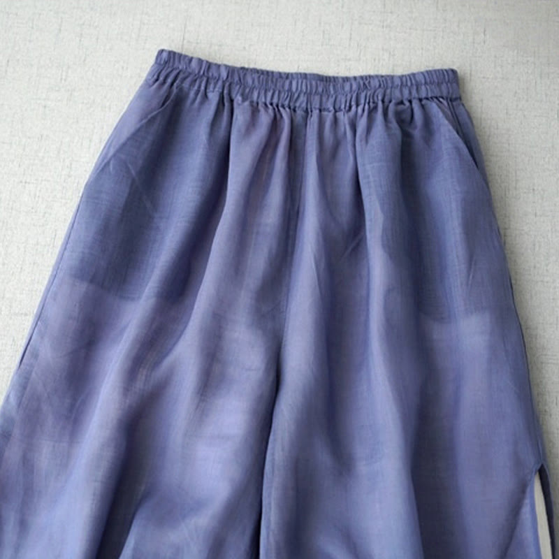 Pantalones casuales de pierna ancha con bolsillos y abertura de ramio, de Buddha Stones, para mujer, de largo 7-8 - image 1