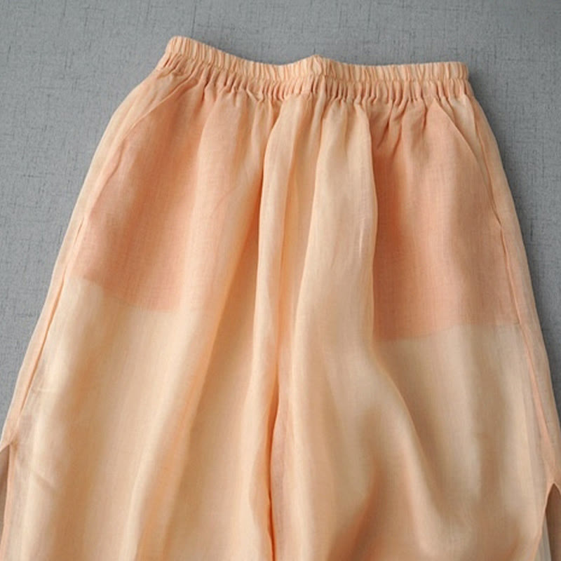 Pantalones casuales de pierna ancha con bolsillos y abertura de ramio, de Buddha Stones, para mujer, de largo 7-8