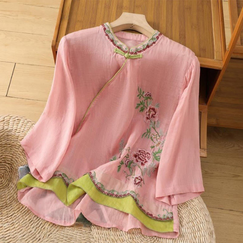 Camisa de lino y algodón para mujer, manga tres cuartos, estilo Buddha Stones de verano, con bordado de flores y botones de rana a juego. - Coral claro - US8-10，UK/AU12-14，EU40-42 (2XL) - image 4