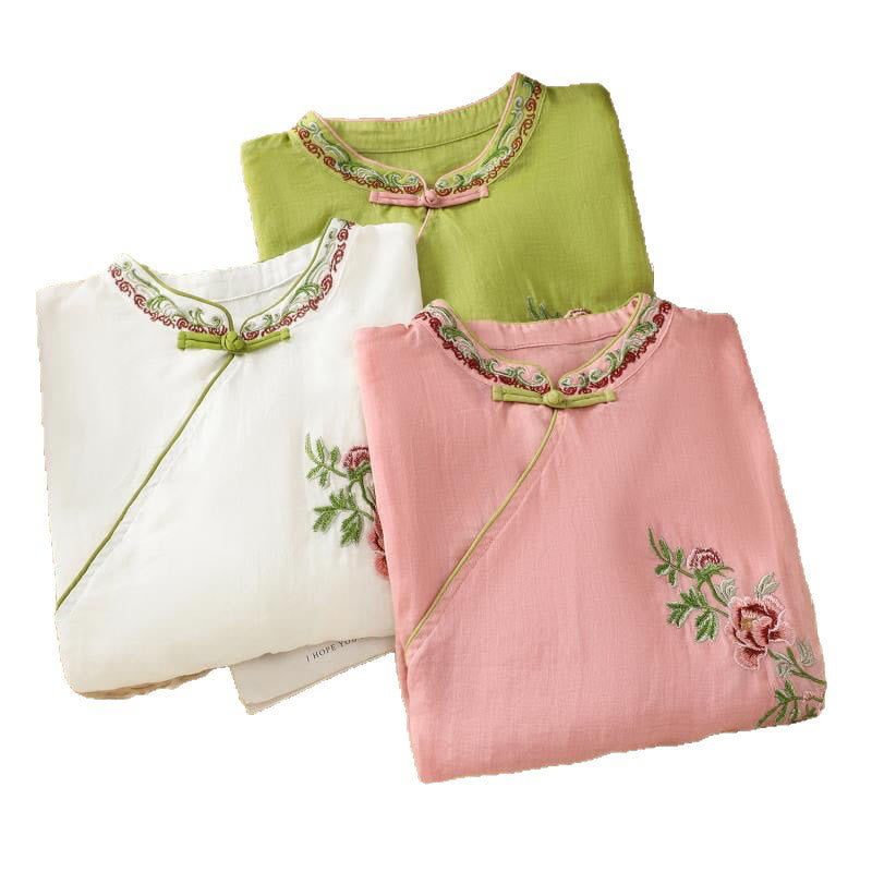 Camisa de lino y algodón para mujer, manga tres cuartos, estilo Buddha Stones de verano, con bordado de flores y botones de rana a juego. - image 19