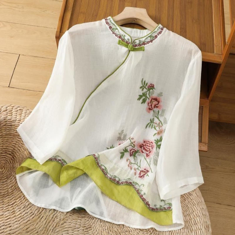Camisa de lino y algodón para mujer, manga tres cuartos, estilo Buddha Stones de verano, con bordado de flores y botones de rana a juego. - Blanco - US8-10，UK/AU12-14，EU40-42 (2XL) - image 0