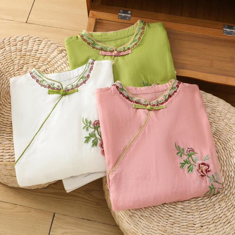 Camisa de lino y algodón para mujer, manga tres cuartos, estilo Buddha Stones de verano, con bordado de flores y botones de rana a juego. - image 18