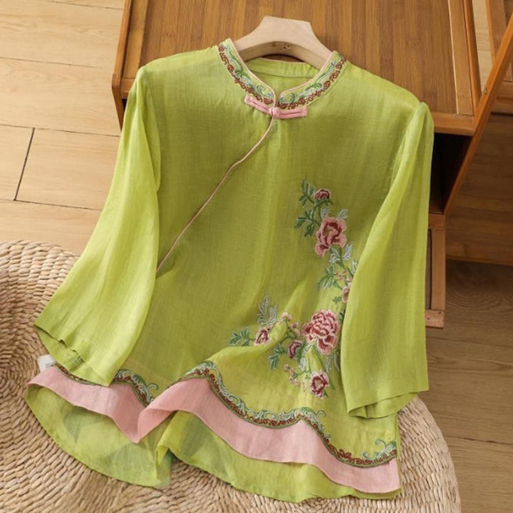 Camisa de lino y algodón para mujer, manga tres cuartos, estilo Buddha Stones de verano, con bordado de flores y botones de rana a juego. - AmarilloVerde - US8-10，UK/AU12-14，EU40-42 (2XL) - image 12