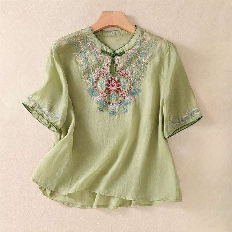 Camisa de lino y algodón para mujer, manga corta, informal, con bordado retro de Buddha Stones y diseño de botones de rana - Verde claro - US12, UK/AU16, EU44 (4XL) - image 2