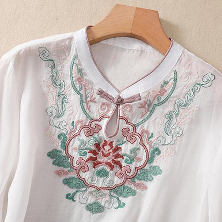 Camisa de lino y algodón para mujer, manga corta, informal, con bordado retro de Buddha Stones y diseño de botones de rana - image 15