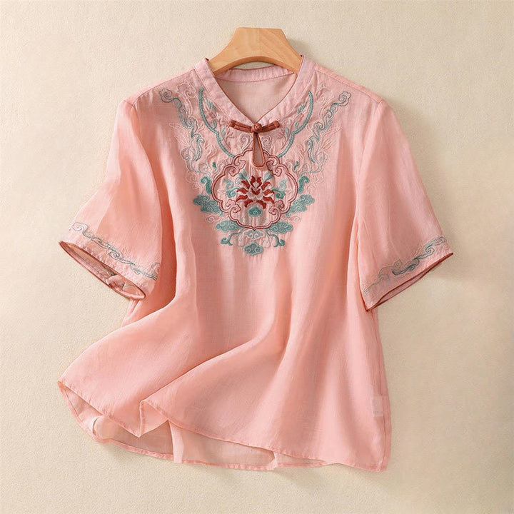 Camisa de lino y algodón para mujer, manga corta, informal, con bordado retro de Buddha Stones y diseño de botones de rana - Salmón claro - US14, UK/AU18, EU46 (4XL) - image 5