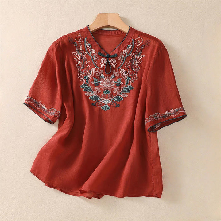 Camisa de lino y algodón para mujer, manga corta, informal, con bordado retro de Buddha Stones y diseño de botones de rana - Ladrillo refractario - US14, UK/AU18, EU46 (4XL) - image 17