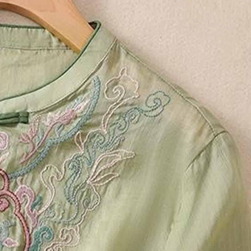 Camisa de lino y algodón para mujer, manga corta, informal, con bordado retro de Buddha Stones y diseño de botones de rana - image 4