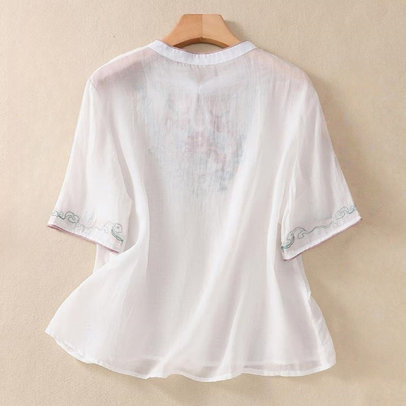 Camisa de lino y algodón para mujer, manga corta, informal, con bordado retro de Buddha Stones y diseño de botones de rana - image 13