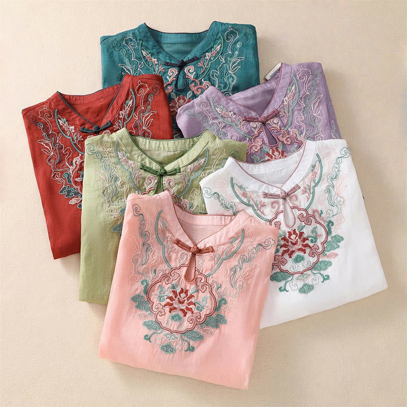 Camisa de lino y algodón para mujer, manga corta, informal, con bordado retro de Buddha Stones y diseño de botones de rana - image 20