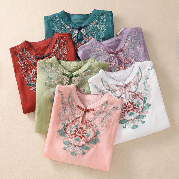 Camisa de lino y algodón para mujer, manga corta, informal, con bordado retro de Buddha Stones y diseño de botones de rana - image 20