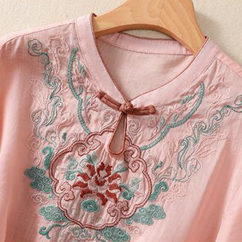 Camisa de lino y algodón para mujer, manga corta, informal, con bordado retro de Buddha Stones y diseño de botones de rana - image 7