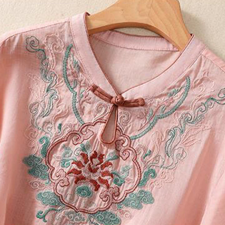 Camisa de lino y algodón para mujer, manga corta, informal, con bordado retro de Buddha Stones y diseño de botones de rana - image 7