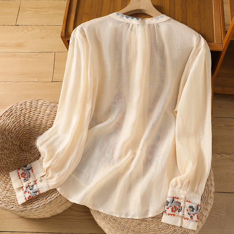 Camisa de lino y algodón para mujer, manga larga tipo farol, con bordado vintage de Buddha Stones, tapeta de una sola fila y botones múltiples - image 1