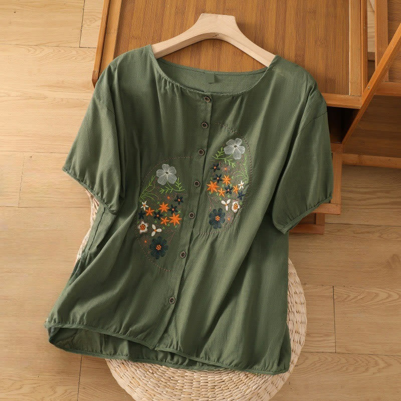 Chaqueta de manga corta de algodón y lino para mujer, con bordado asimétrico vintage de Buddha Stones y estampado de flores y plantas - Verde oscuro - US14，UK/AU18，EU46 (2XL) - image 0