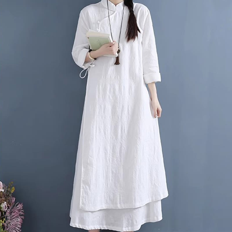 Vestido midi informal de lino y algodón con cordones laterales, diseño de botones de rana y estampado de Buddha Stones para primavera - image 1